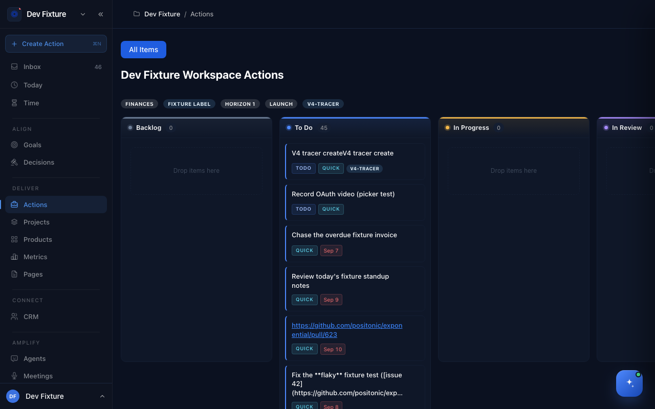 The workspace Actions board with Backlog, To Do, In Progress and In Review columns