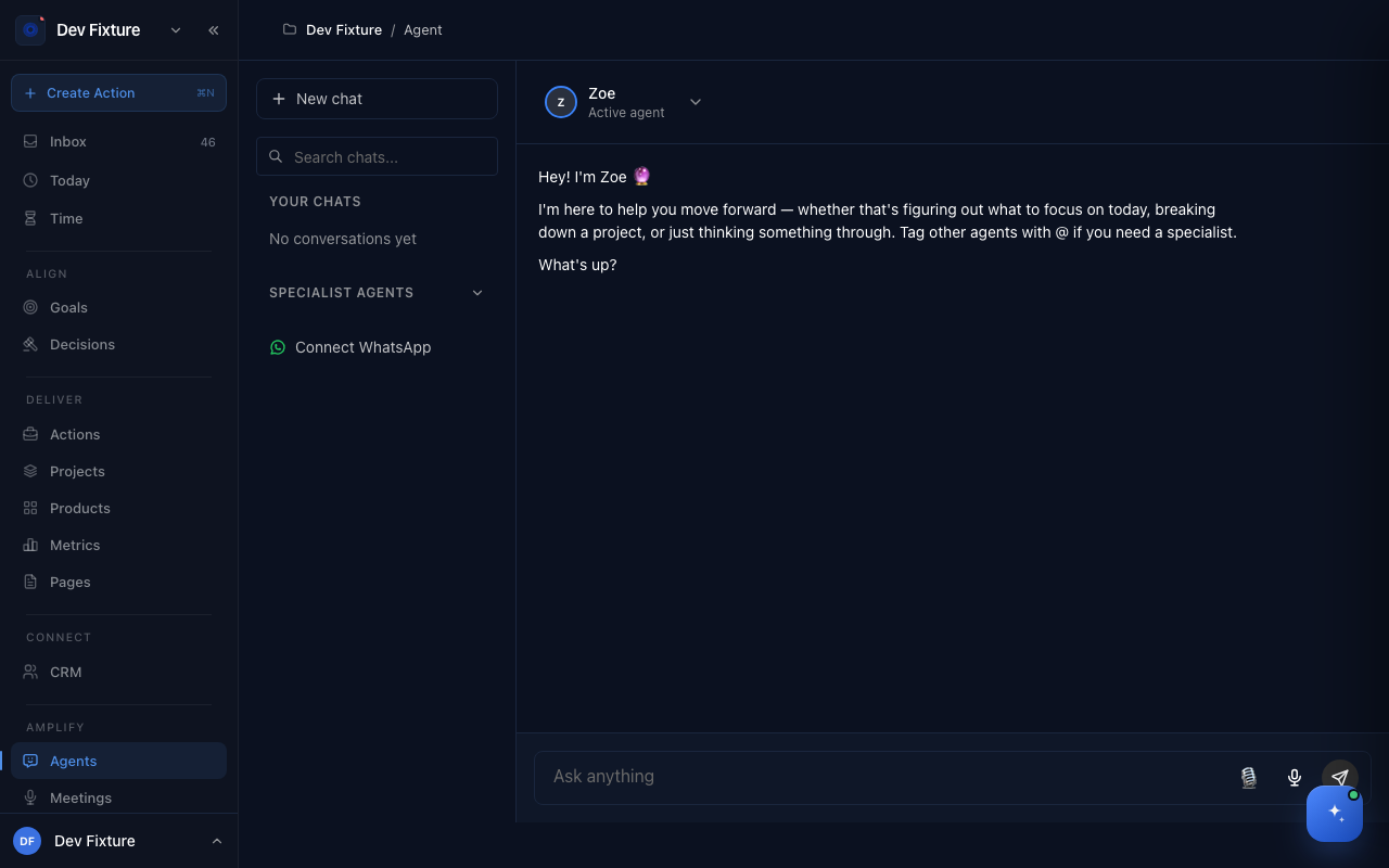 The Agents page with a new Zoe chat