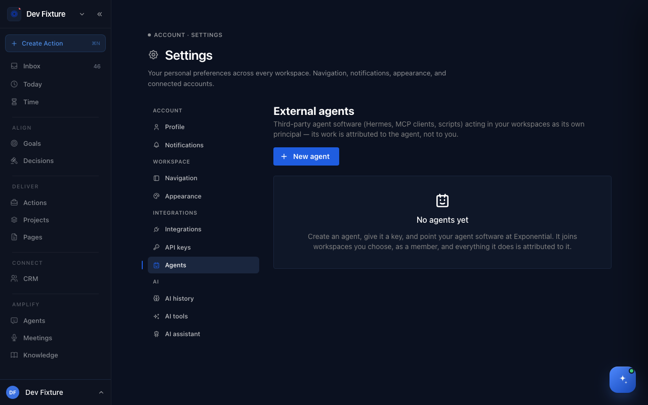 The External agents page under Settings → Agents