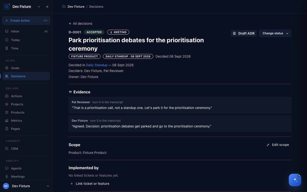 A decision's page, with its evidence and links