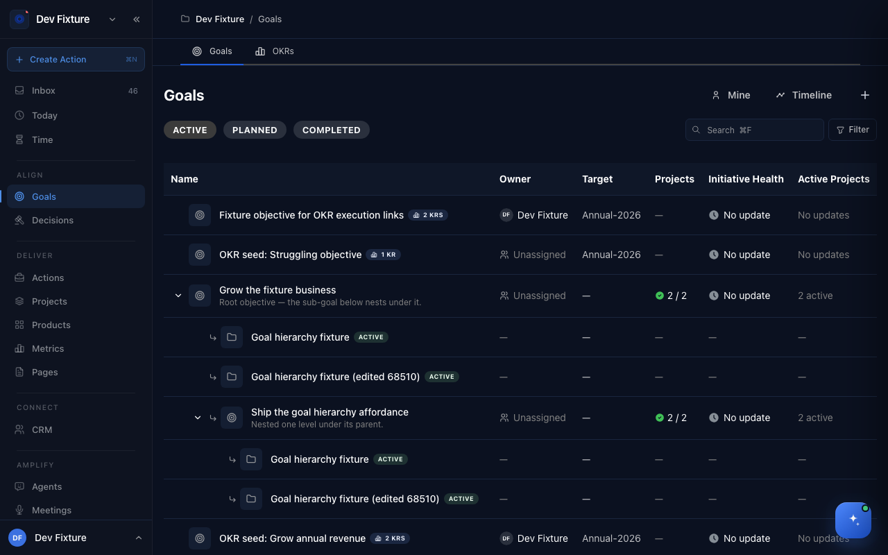 The Goals tab listing objectives with their owner, target period, projects and health