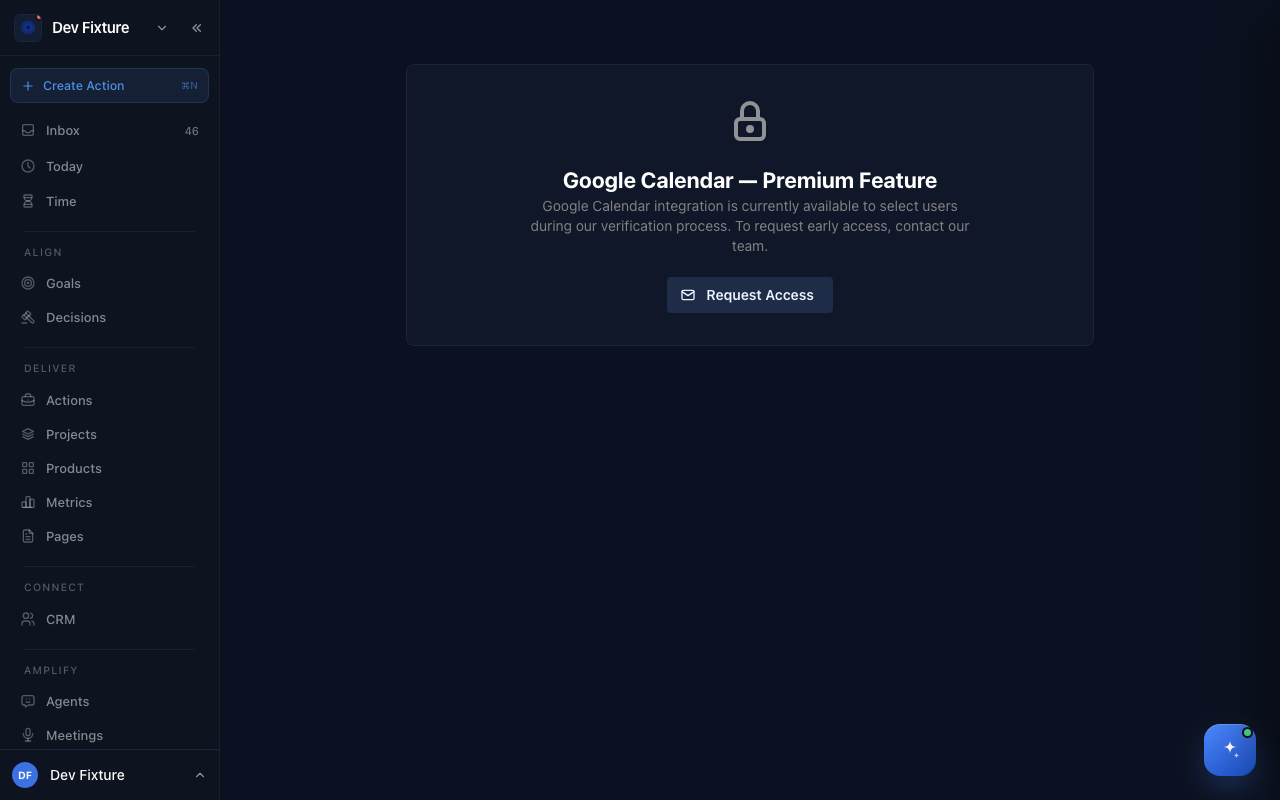 Settings → Integrations: Google Calendar early access, calendar feeds and the GitHub Repositories card