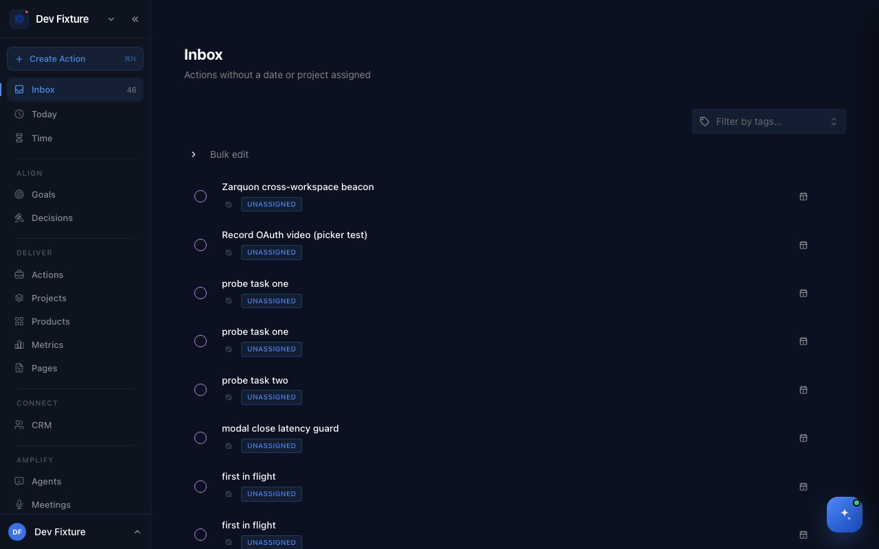 The Inbox listing unassigned actions with the tag filter and Bulk edit control
