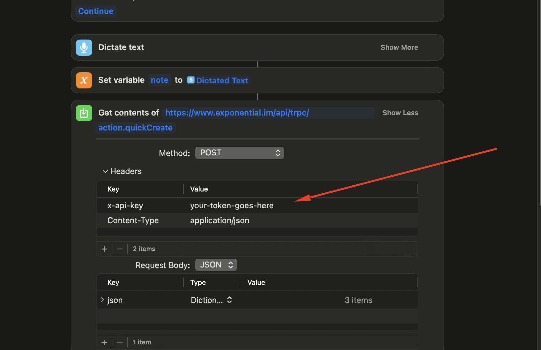 Where to find the x-api-key header in the shortcut