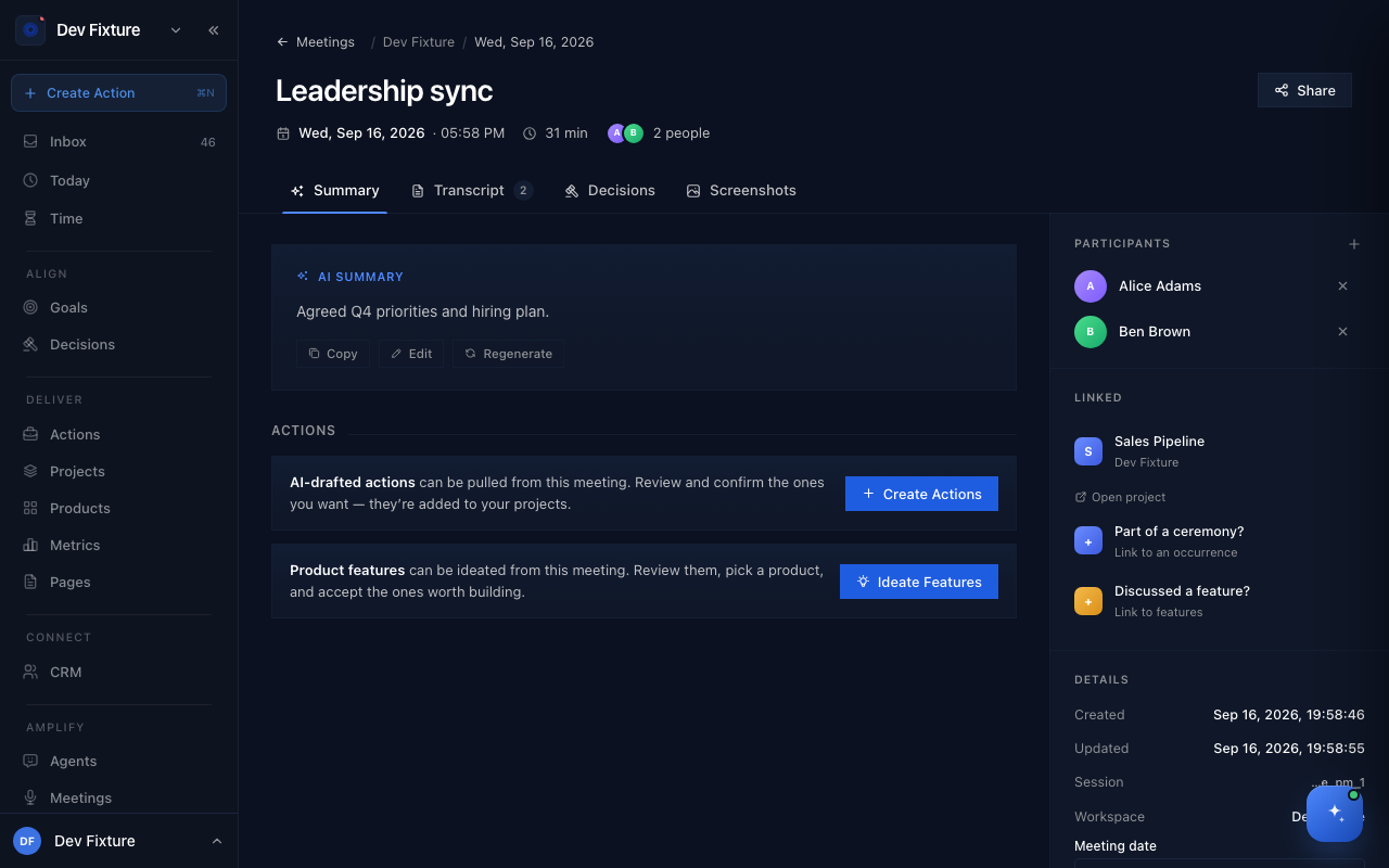 A meeting page: summary, actions, participants and links