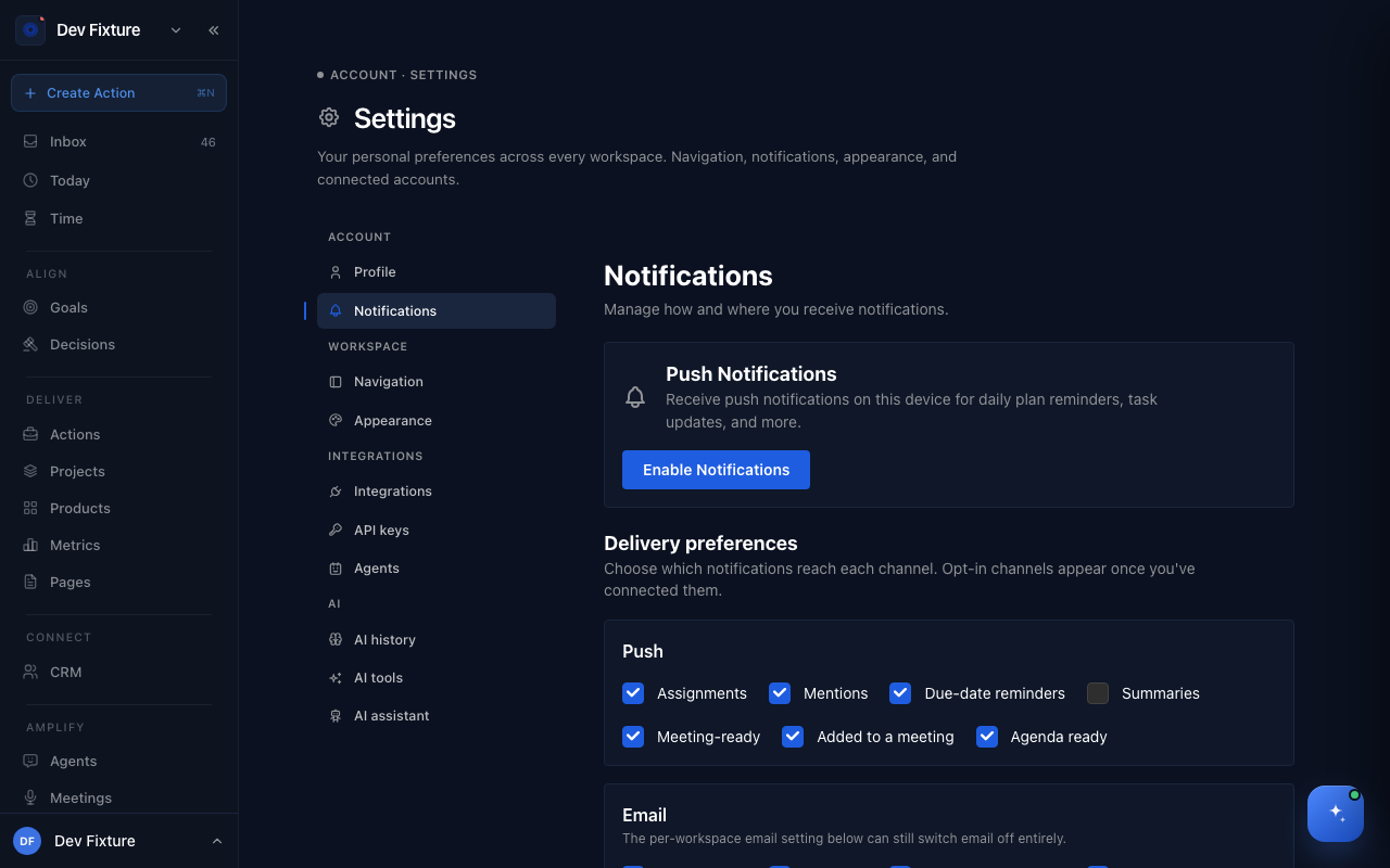 Settings → Notifications with push, delivery preferences and email