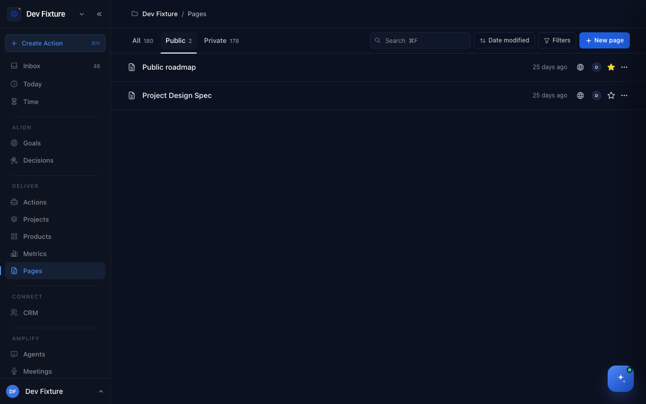 The Pages list, filtered to public pages