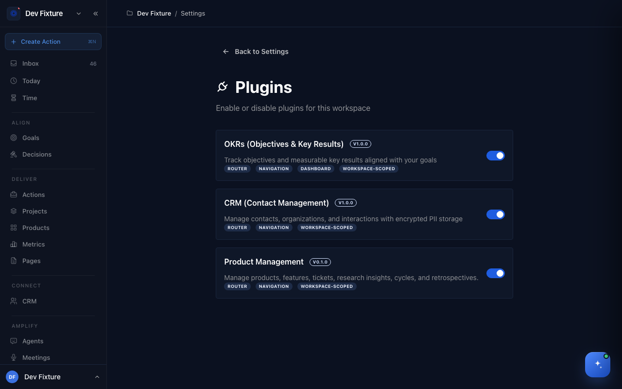 The Plugins tab in workspace settings