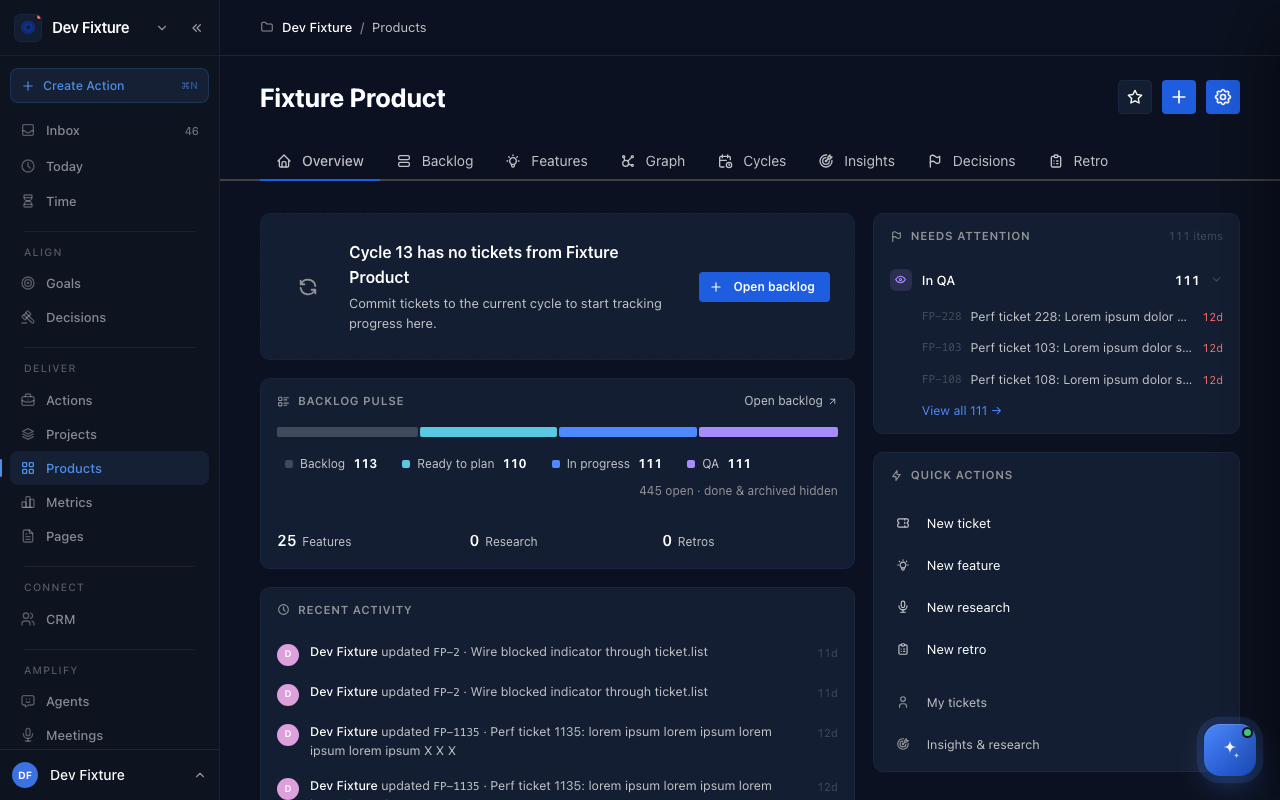 A product's overview: backlog pulse, needs attention, recent activity and quick actions