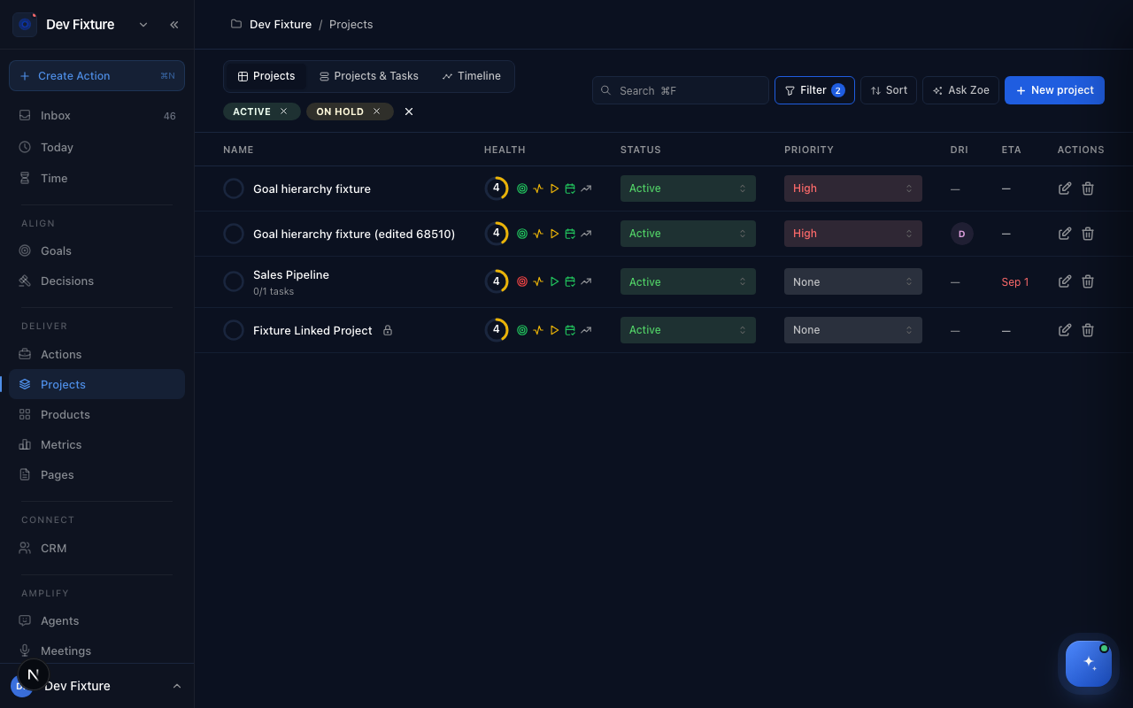The Projects list filtered to Active and On Hold, with health, status, priority, DRI and ETA columns