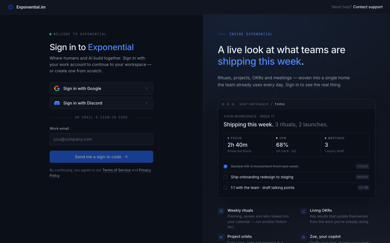 The sign-in page: Google, Discord, or a work-email sign-in code