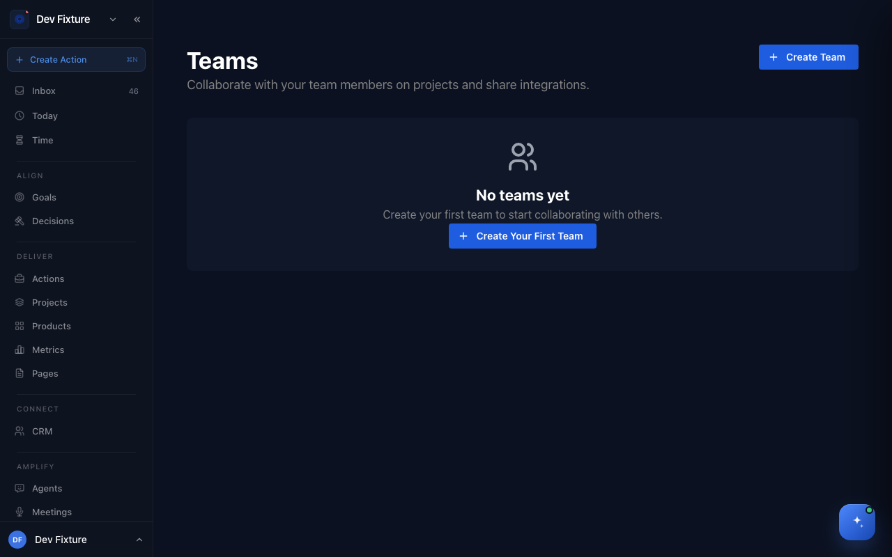 The Teams page with the Create Team button