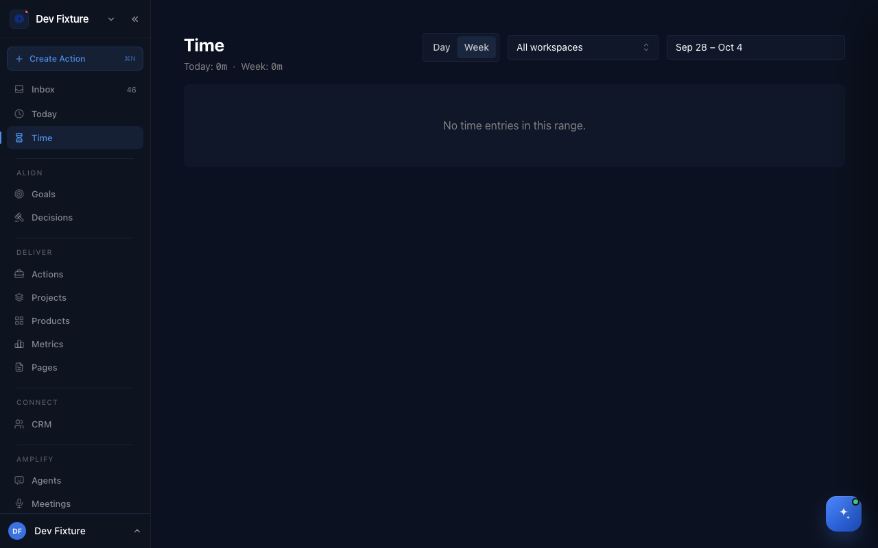 The Time page in Week view with the Day / Week switch, workspace menu and date range