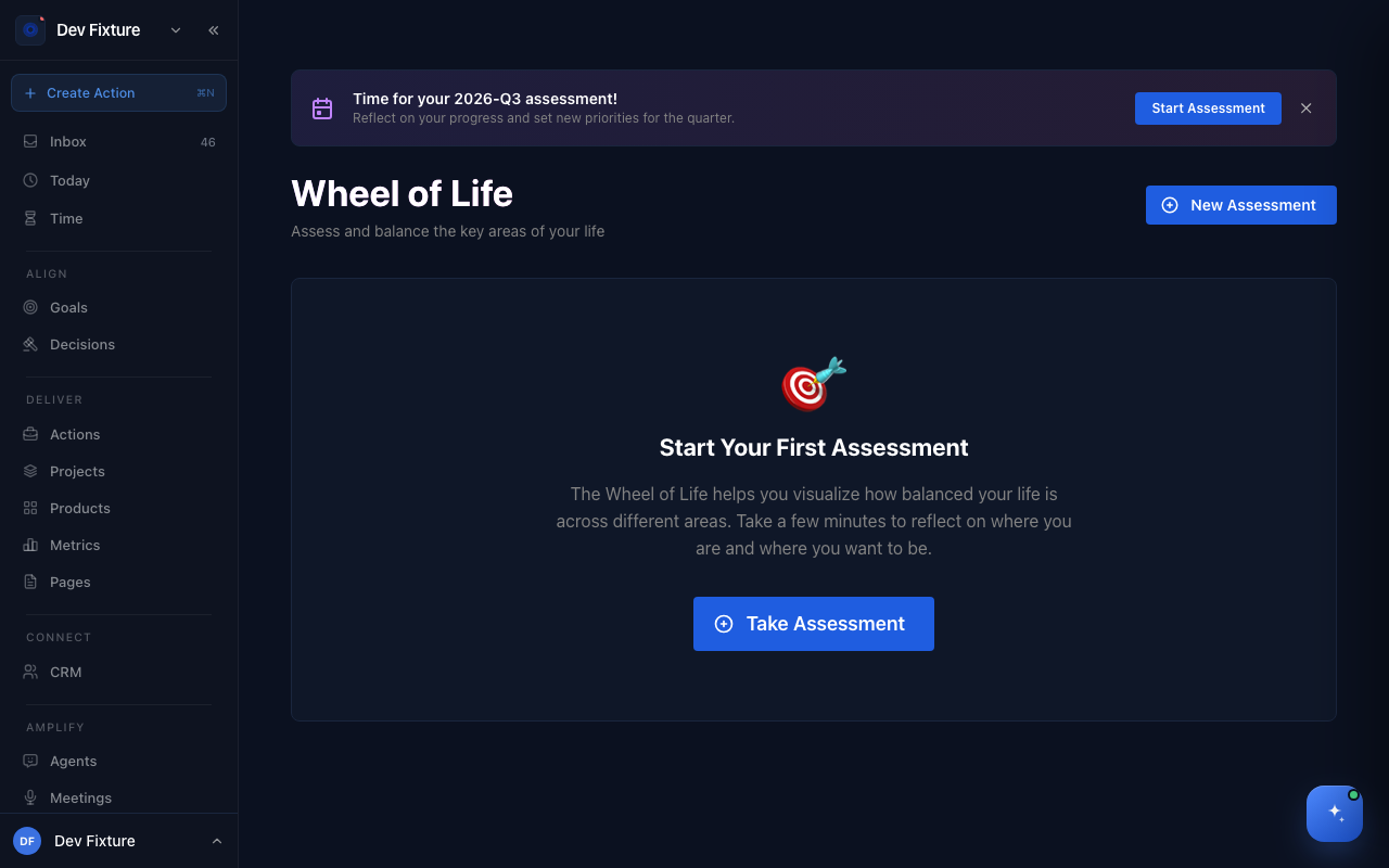 The Wheel of Life page with the quarterly assessment banner and the Take Assessment button
