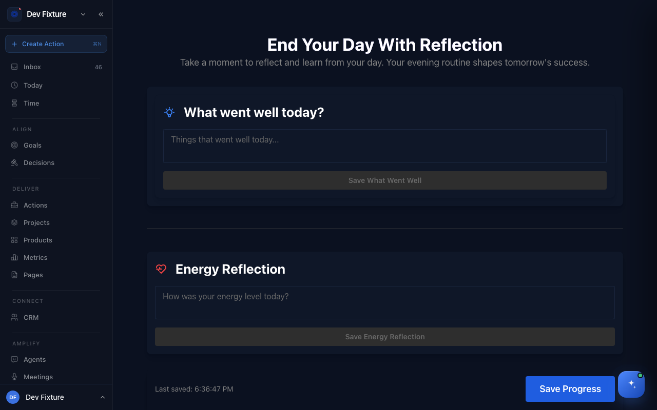 The Wind-down routine with the What went well and Energy Reflection sections