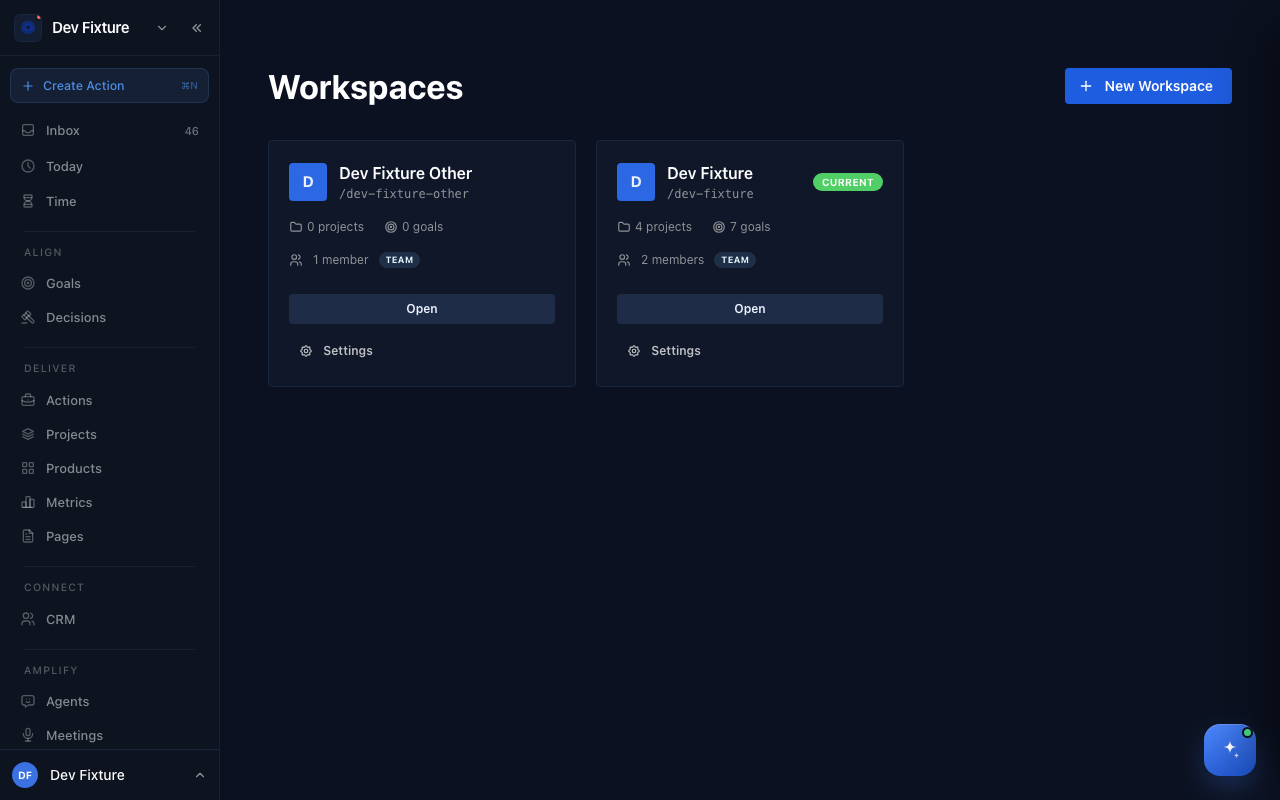 The Workspaces page listing each workspace with its projects, goals and member count